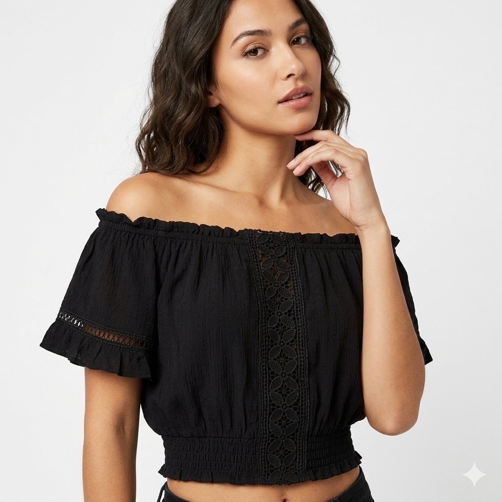Be Black Boho Off-The-Shoulder Crop Top Sz: Large Smocked Floral Lace Whimsigoth